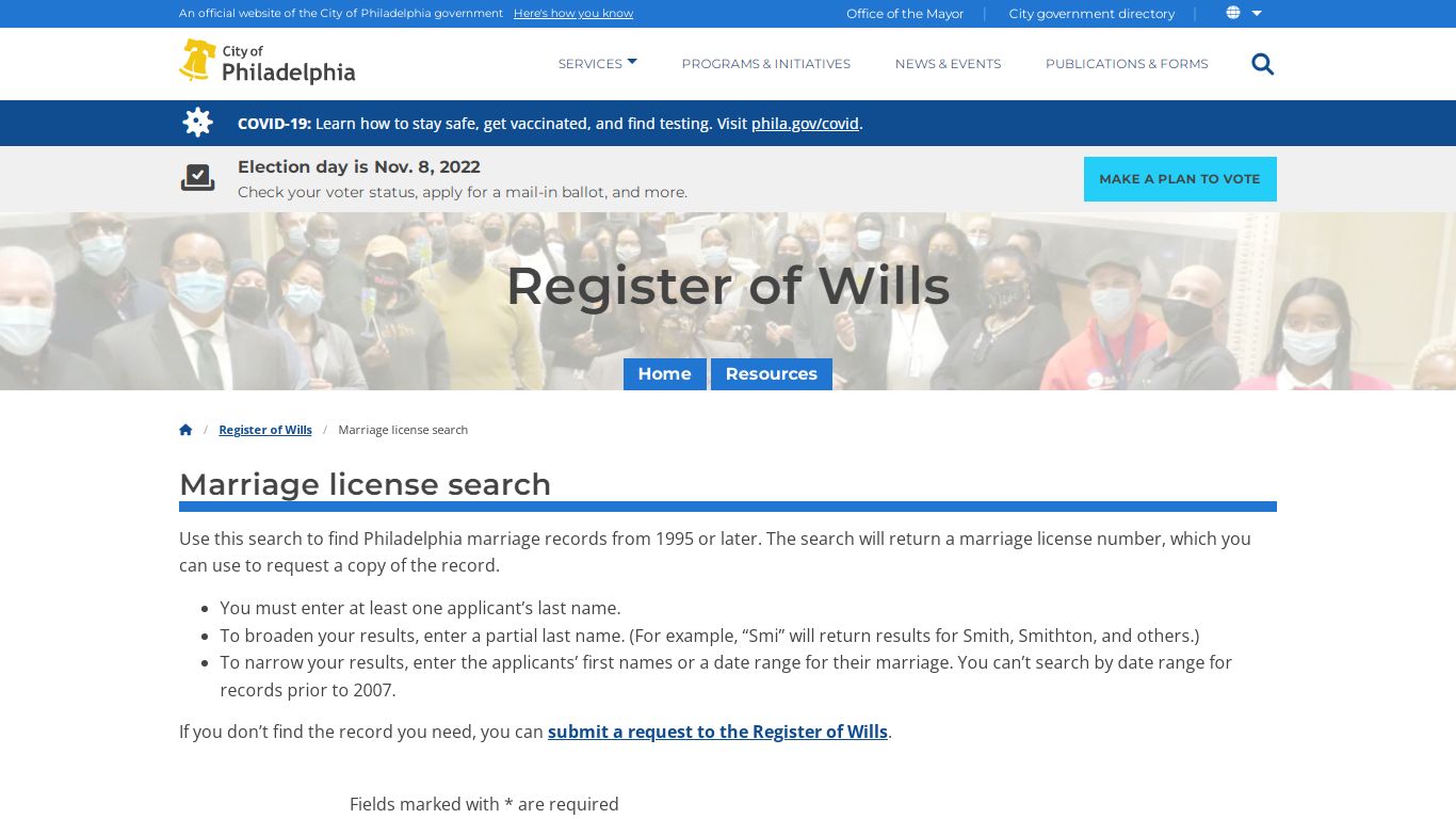 Marriage license search | Register of Wills | City of Philadelphia